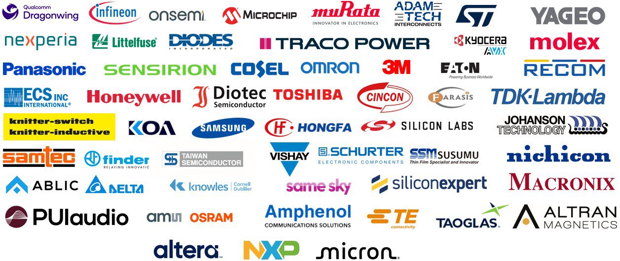 A collection of various electronic component manufacturer logos is displayed in a grid layout. The image features recognizable names such as Panasonic, Samsung, 3M, and STMicroelectronics, among others. The setting is clean and minimal, with each logo clearly separated and presented in its respective brand colors. No people or additional visuals are present, and the focus is entirely on the diversity of company logos.