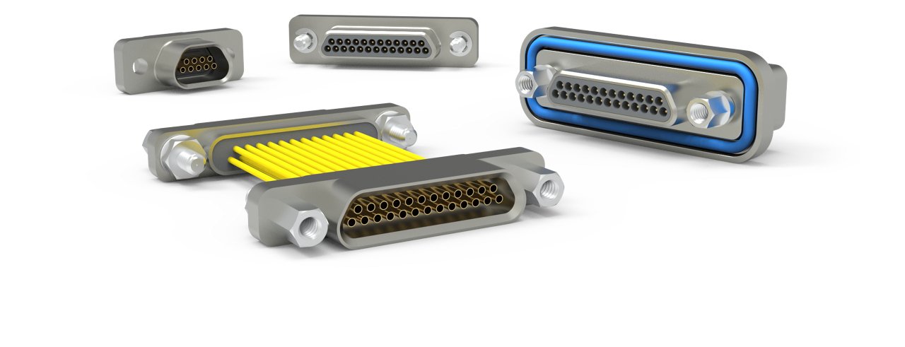 Image showing several multi-pin electrical connectors arranged on a light surface. The connectors feature metallic housings with rows of circular contact pins. One connector includes bundled yellow wires extending from the back, while another has a blue accent frame. The scene is clean and minimal, emphasizing the technical design and connection interfaces.