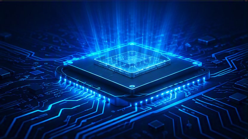 A central microchip is depicted glowing with bright blue light on a detailed circuit board. Light beams rise from the chip, suggesting data processing or high performance computing. The surrounding board features intricate electronic traces and components in a dark, high-tech environment. The overall visual emphasizes advanced technology, speed, and digital innovation.