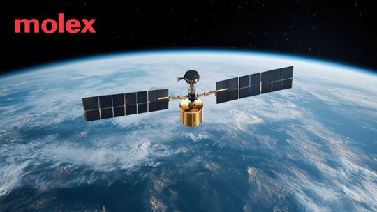 A satellite with extended solar panels orbits above the Earth, captured against a backdrop of blue atmosphere and white cloud formations. The spacecraft appears centered in the frame, with the planet’s curvature visible below. In the upper left corner, the word "molex" is clearly displayed in red text. The overall scene conveys advanced space technology and global connectivity.