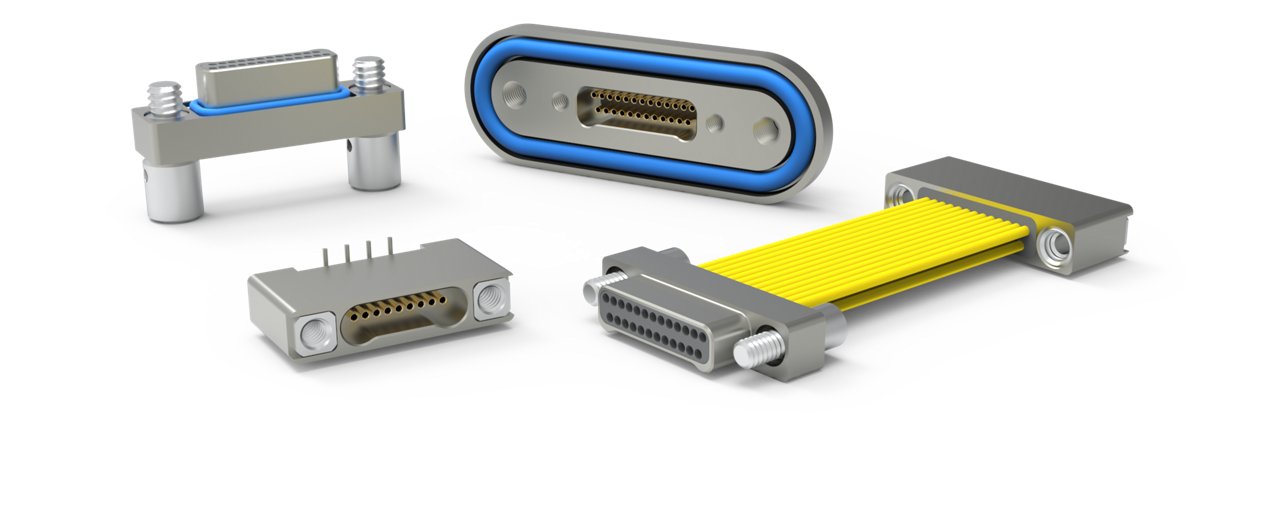 Image shows several metal electronic connectors arranged on a transparent checkerboard background. The connectors include rectangular and oval shapes with multiple gold contact pins. One connector is attached to a flat yellow ribbon cable, emphasizing data or power transmission. The overall scene highlights industrial hardware details and precision engineering.