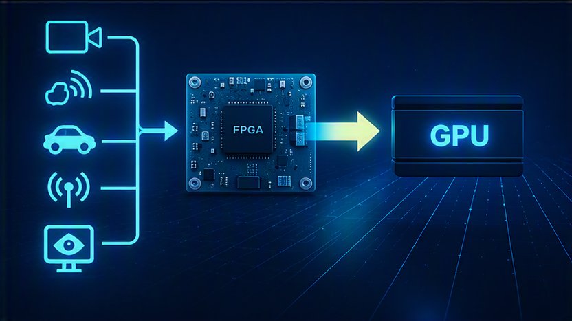 Digital illustration shows an FPGA chip connected to a GPU block via a glowing arrow. On the left, icons represent a camera, cloud, car, wireless signal, and display feeding data into the FPGA. The scene uses a blue neon color palette over a dark grid background, suggesting high-tech and real-time processing. Text labels "FPGA" and "GPU" are clearly visible on the central chip and the right-hand block.