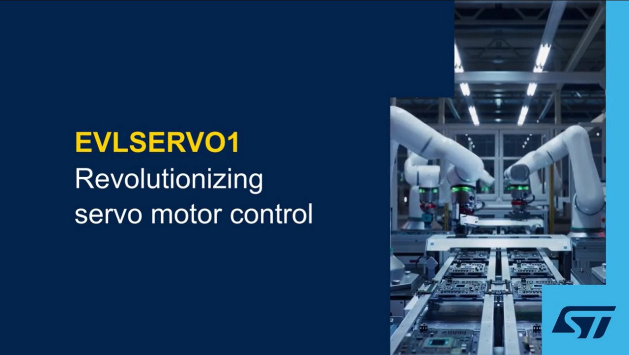 Slide-style image promoting EVLSERVO1 servo motor control technology. 