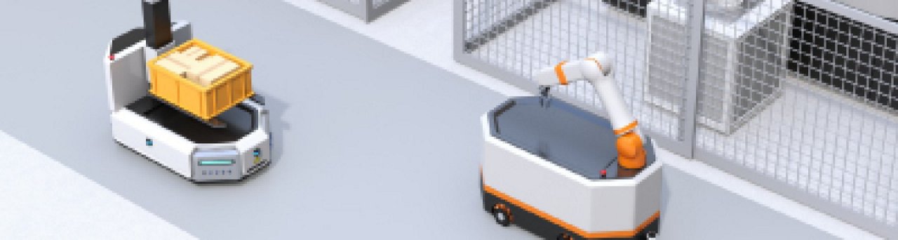 스마트 유통 창고에서 자동화된 로봇 운송기와 로봇 팔의 이미지