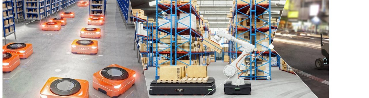 현대적인 창고 내부에서 로봇이 상품을 운반하는 모습