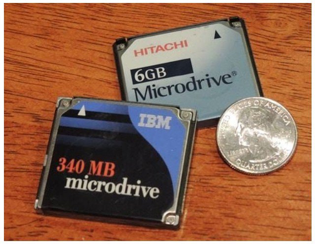 Two compact microdrives, one labeled 'Hitachi 6GB Microdrive' and the other 'IBM 340 MB microdrive,' are displayed on a wooden surface