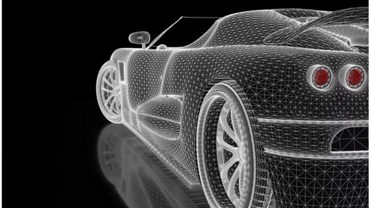 A detailed wireframe rendering of a sleek sports car displayed against a black background. The design highlights the contours, wheels, and rear lights of the vehicle. The reflective surface adds depth and dimension to the visual presentation.