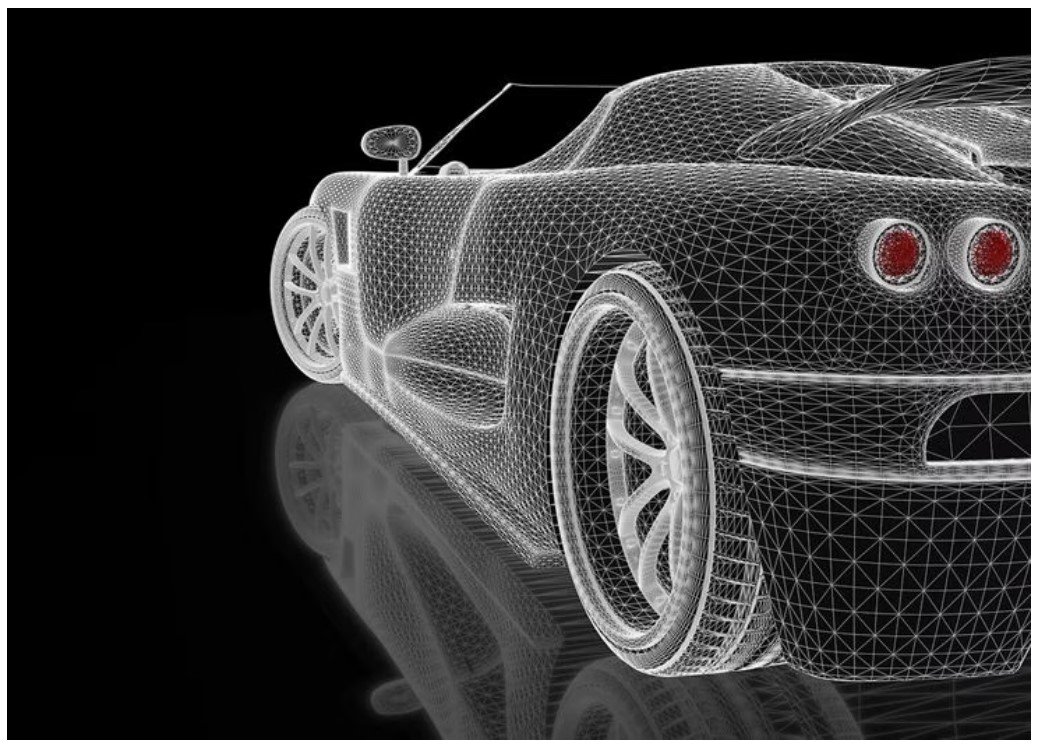 A detailed wireframe rendering of a sleek sports car displayed against a black background. The design highlights the contours, wheels, and rear lights of the vehicle. The reflective surface adds depth and dimension to the visual presentation.