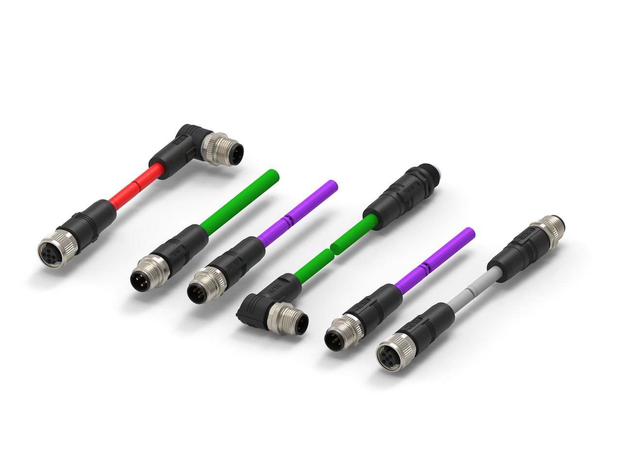 A set of industrial connector cables is arranged in a row on a white background. The cables feature different colors, including red, green, purple, and gray, with black connector housings and metallic threaded ends. Some connectors are straight while others are angled, highlighting various connection configurations. The clean layout emphasizes the variety of cable types and their use in technical or industrial applications.