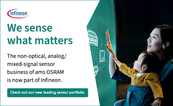A young child reaches out to touch glowing digital icons on a large vertical screen, suggesting advanced sensor technology. An adult holds the child securely while they explore the illuminated interface in a darkened environment. On the left, text highlights that the non-optical, analog and mixed-signal sensor business of ams OSRAM is now part of Infineon. A green button invites viewers to check out a new leading sensor portfolio, reinforcing the technology and innovation theme.