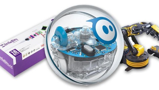 A clear Sphero robot ball is prominently displayed, showcasing its internal electronics and blue circuit board.