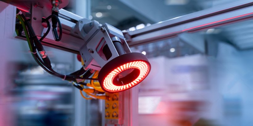 Close-up of an industrial machine vision sensor mounted on a metal rail.