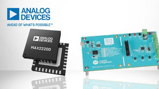 The image features the Analog Devices MAX22200 chip alongside a blue circuit board