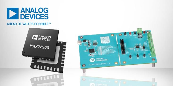 The image features the Analog Devices MAX22200 chip alongside a blue circuit board
