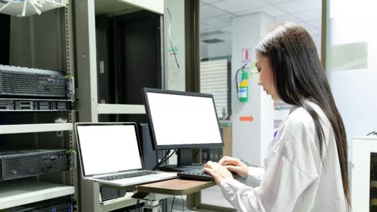 A person is seated at a workstation with a laptop and monitor, actively working in a server room environment. The setting features multiple server racks and network equipment.