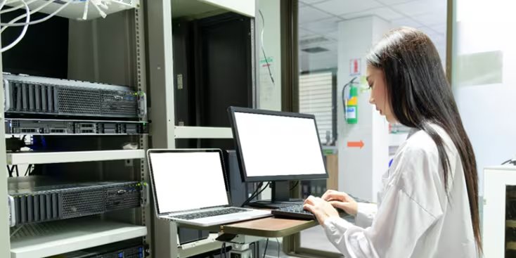 A person is seated at a workstation with a laptop and monitor, actively working in a server room environment. The setting features multiple server racks and network equipment.