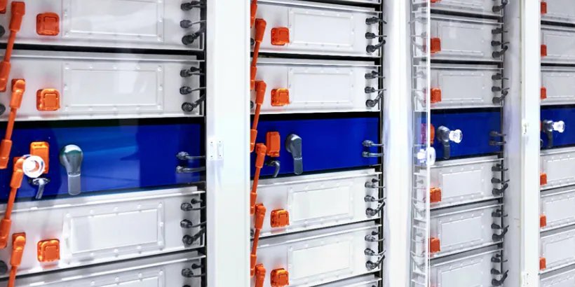 This image shows a detailed view of several industrial battery storage modules arranged in vertical racks. The units feature metallic casings with visible orange power connectors and a prominent blue horizontal panel.
