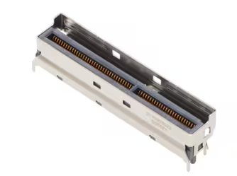 This image shows a detailed view of an electronic connector, likely a board-to-board or card edge connector. The component features multiple gold-plated pins and a metallic housing.