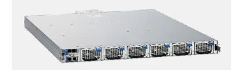 This image shows a slim rackmount server unit viewed from the front, featuring four visible cooling fans with blue accents. Network ports and power connections are also visible.