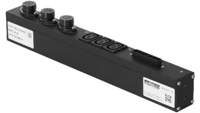 This image shows a rectangular black power distribution unit featuring several power outlets and connectors on its top surface. The unit is labeled with a visible sticker that includes the text 'Phoenix Contact' and other technical details.