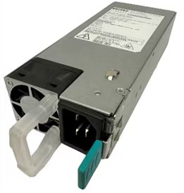 A rectangular metal power supply unit is shown, featuring a visible cooling fan, a black power socket, and a teal handle for easy removal. The top surface displays a detailed white label with technical specifications and warning symbols.