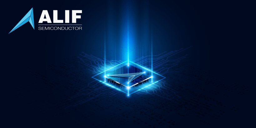 A glowing microchip is depicted at the center of a dark blue digital background, emitting radiant blue light.