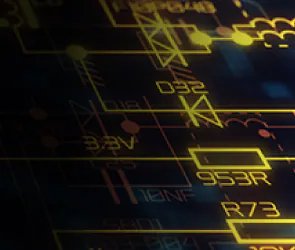 A detailed view of a digital circuit board schematic is shown with glowing yellow lines and electronic symbols.