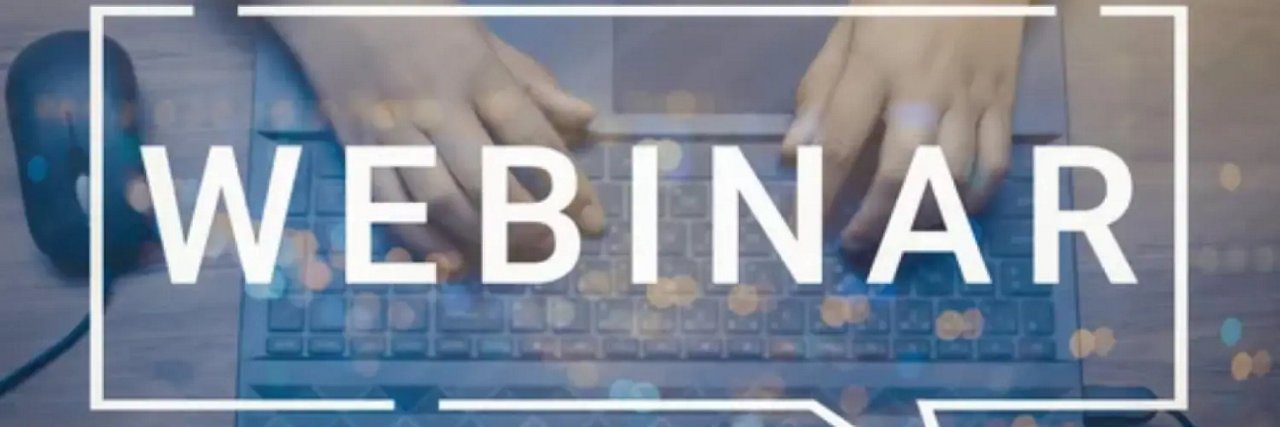 A pair of hands is shown typing on a laptop keyboard, with the word 'WEBINAR' prominently displayed in large, bold text overlay.