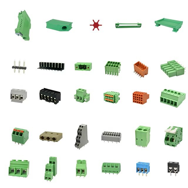 A variety of electronic terminal blocks and connectors, featuring multiple types in a variety of colors.