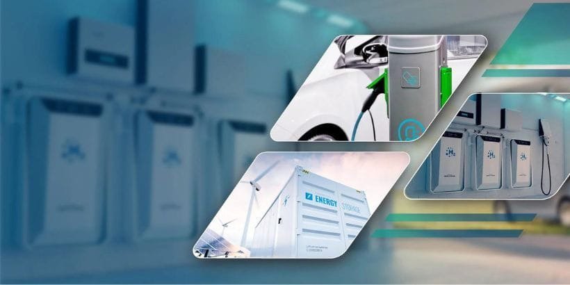 A composite image showcasing electric vehicle charging stations and energy storage containers.