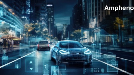A modern electric car drives through a city street at night, surrounded by glowing digital interface overlays