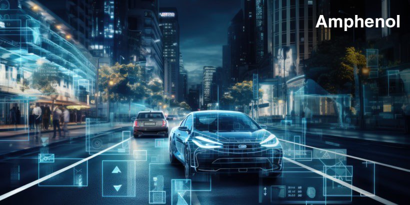 A modern electric car drives through a city street at night, surrounded by glowing digital interface overlays