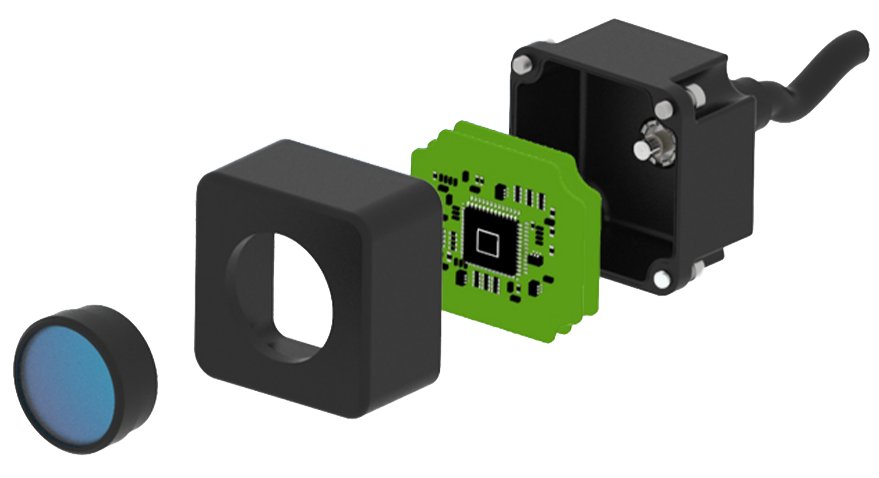 Image shows an exploded view of a compact electronic sensor assembly