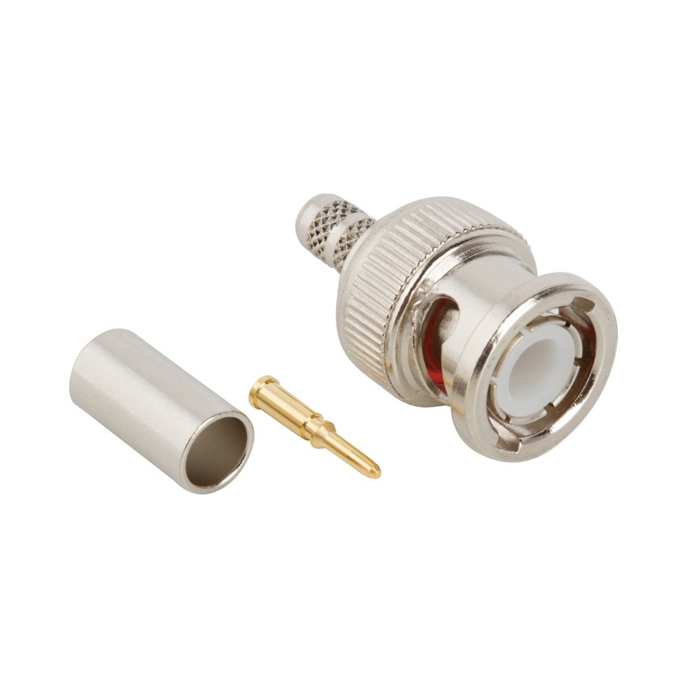 The image shows a metal coaxial connector disassembled into its main parts. 