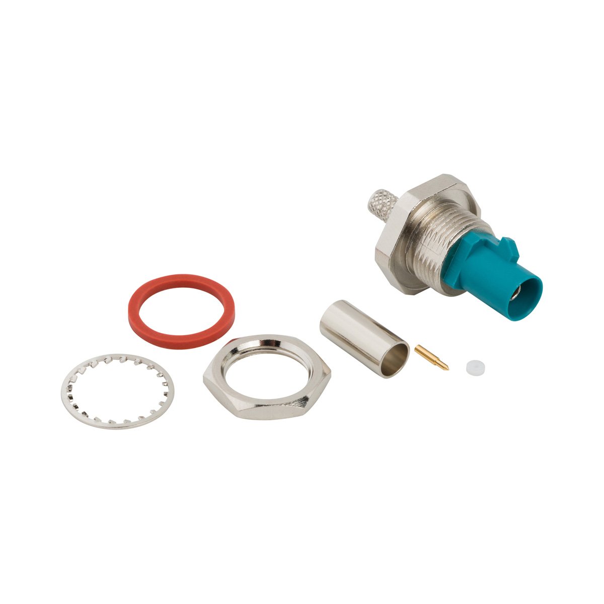 Image of a disassembled metal electrical connector with several small components laid out on a white background. 
