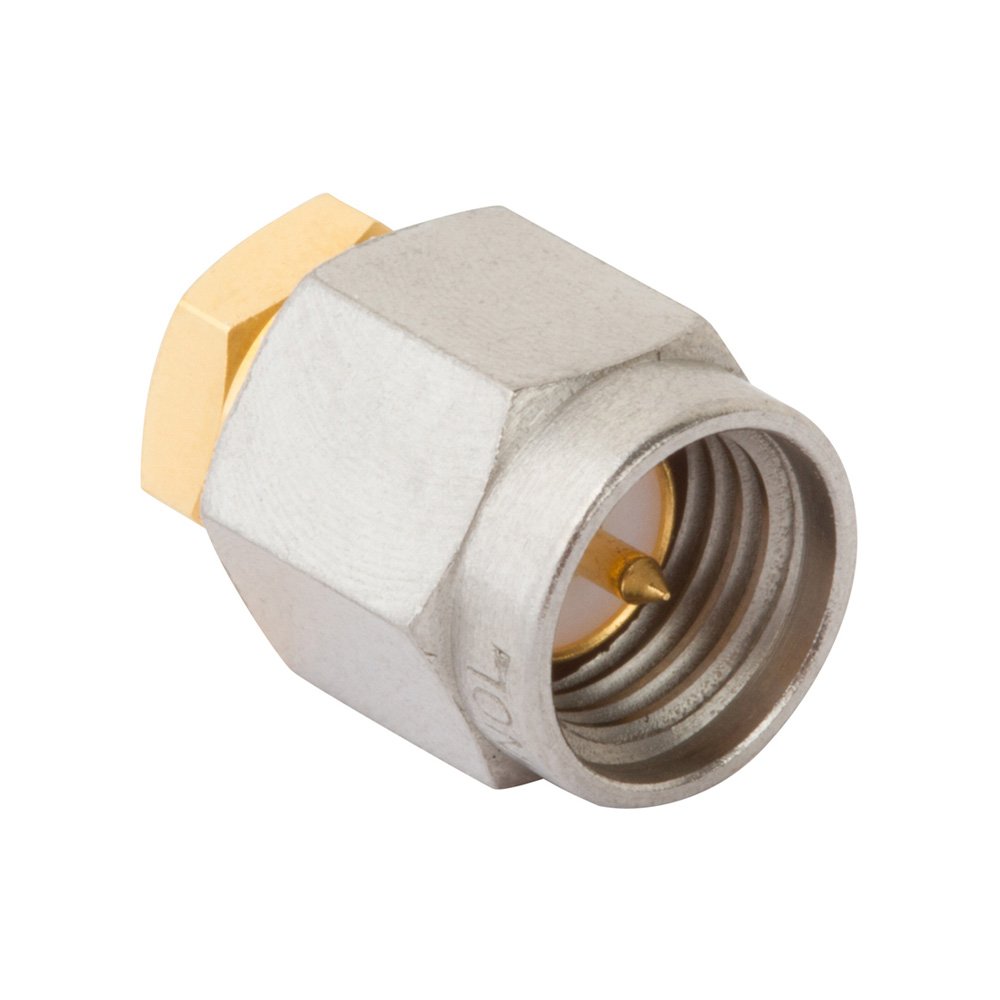 A close-up view of a metal coaxial RF connector is shown against a plain white background. 
