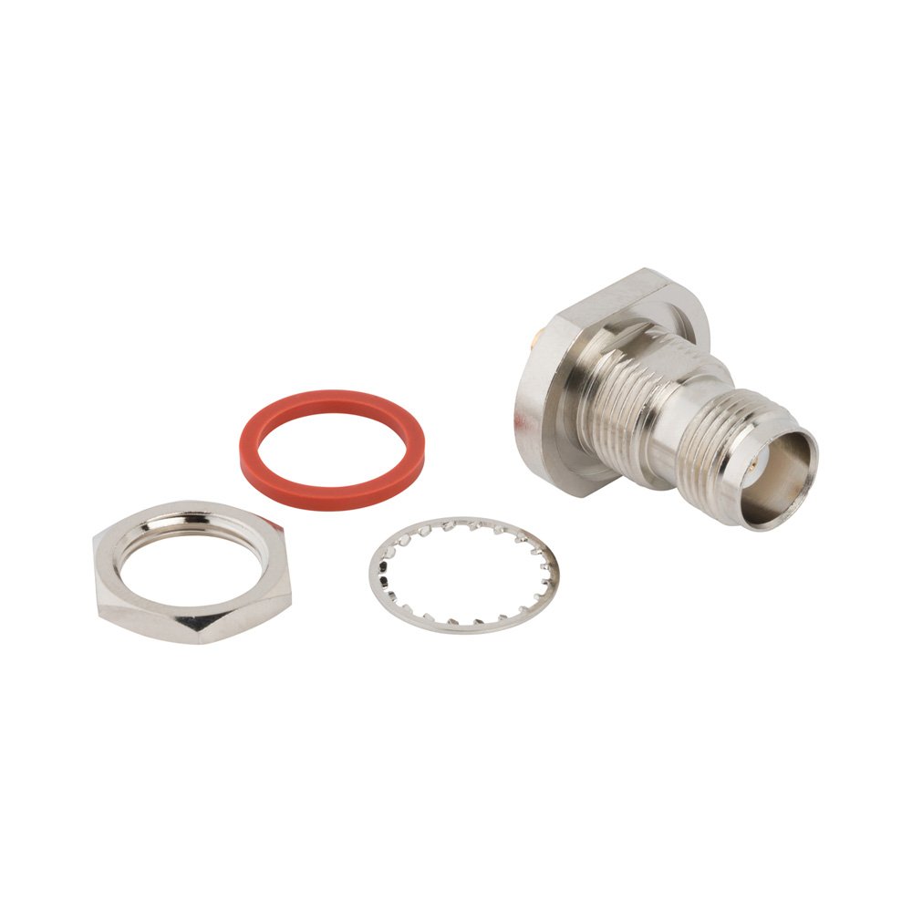 A metal bulkhead connector assembly is shown disassembled on a plain white background.