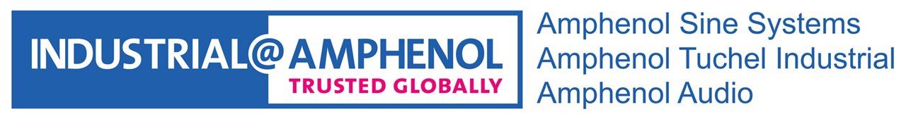 A rectangular banner features the phrase 'INDUSTRIAL@AMPHENOL TRUSTED GLOBALLY' in bold blue and red text.