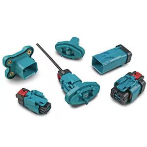 A collection of blue automotive electrical connectors is displayed against a white background. The connectors vary in shape and size, with some featuring visible pins and locking mechanisms. The set includes both male and female connector types, some with attached wires or probes. The components are arranged neatly, highlighting their structural details. 