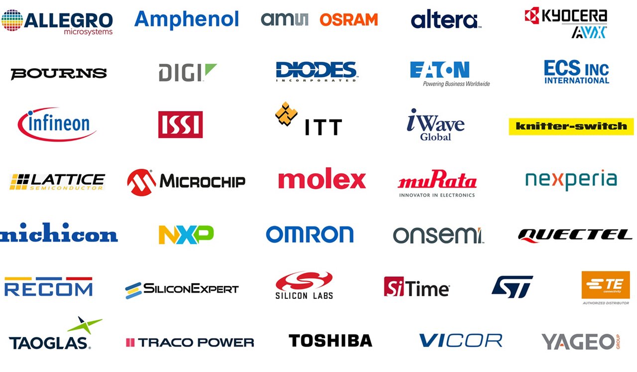 A collection of various electronic component manufacturer logos and names is displayed in a grid format. Each logo is distinct, featuring different colors, fonts, and design elements, with company names such as ALLEGRO, Amphenol, OSRAM, Infineon, Microchip, and more clearly visible. The image is set against a white background, emphasizing the diversity of branding styles. No people or additional objects are present, and several logos use bold or stylized typography. No numeric values are visible in the image.