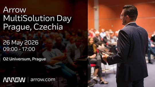 A male speaker addresses an audience at the Arrow MultiSolutions Day in Prague, Czechia. 