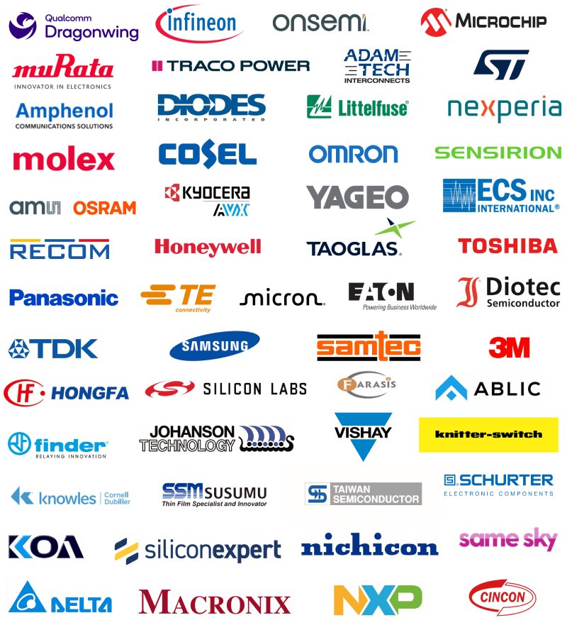 A vibrant collage featuring logos of various electronics and semiconductor companies. 