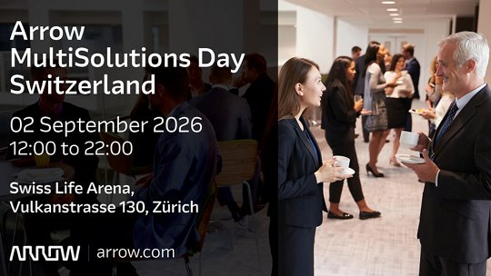 Promotional graphic for Arrow MultiSolutions Day Switzerland shows a professional networking event in a modern office or conference space. 