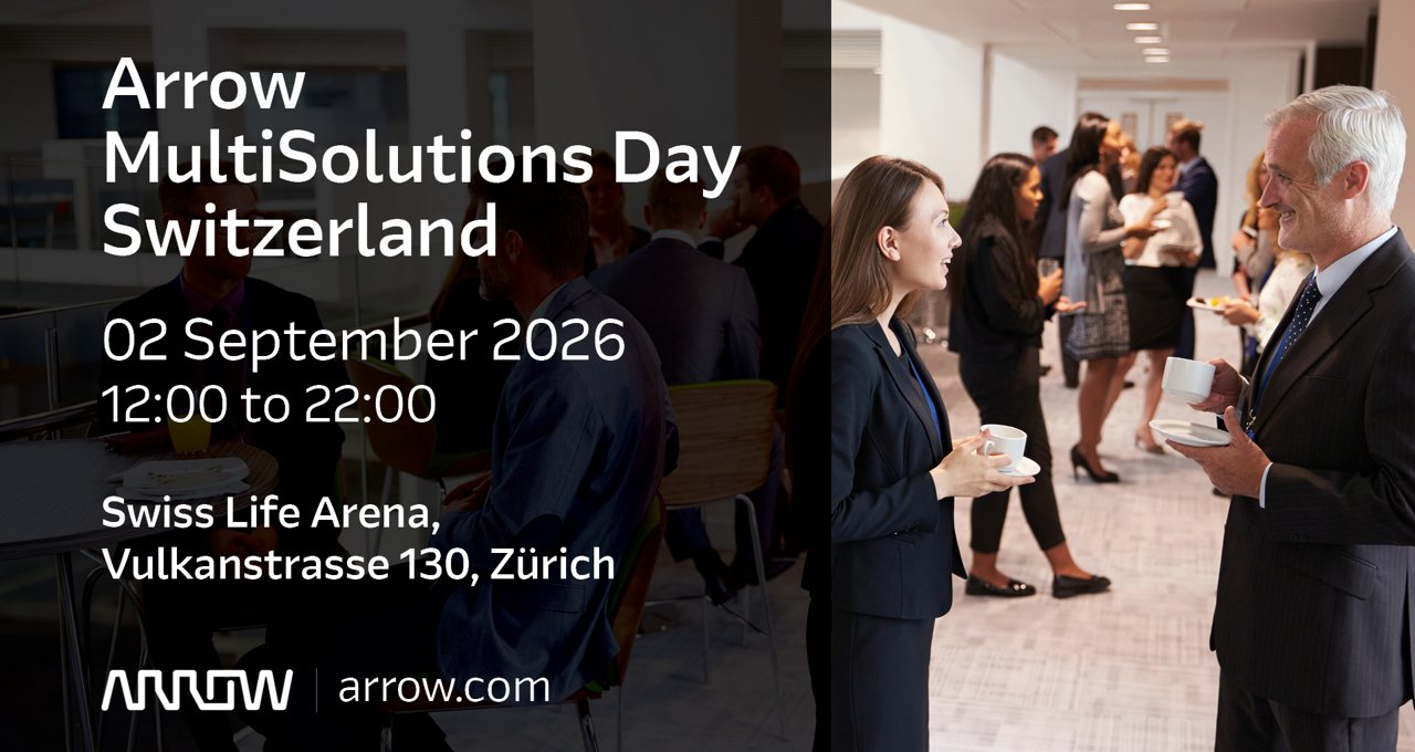 Promotional graphic for Arrow MultiSolutions Day Switzerland shows a professional networking event in a modern office or conference space. 