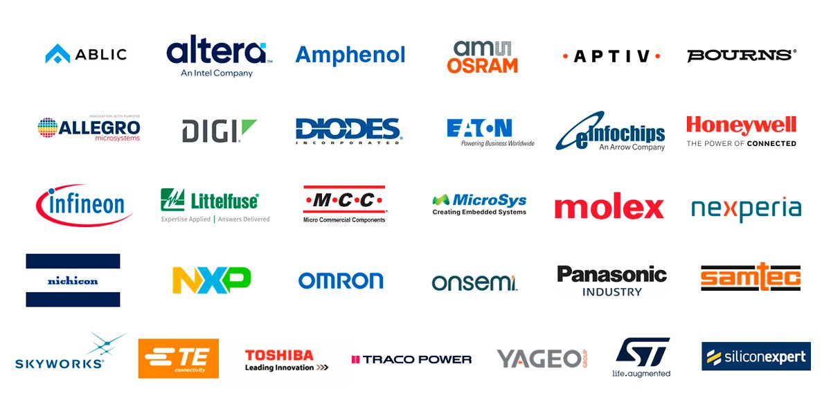 Image featuring a grid of various electronics and semiconductor company names. 