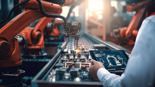A professional engineer uses a tablet to oversee a robotic assembly line in a modern industrial setting. 