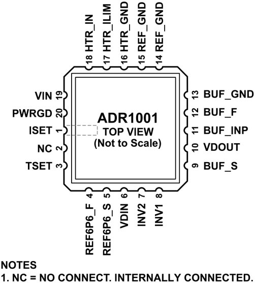 Technical diagram showcasing the ADR1001 component in a top view layout