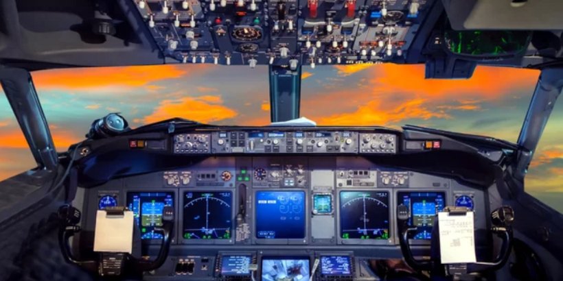 A detailed view of an airplane cockpit showcasing various control panels and instruments.