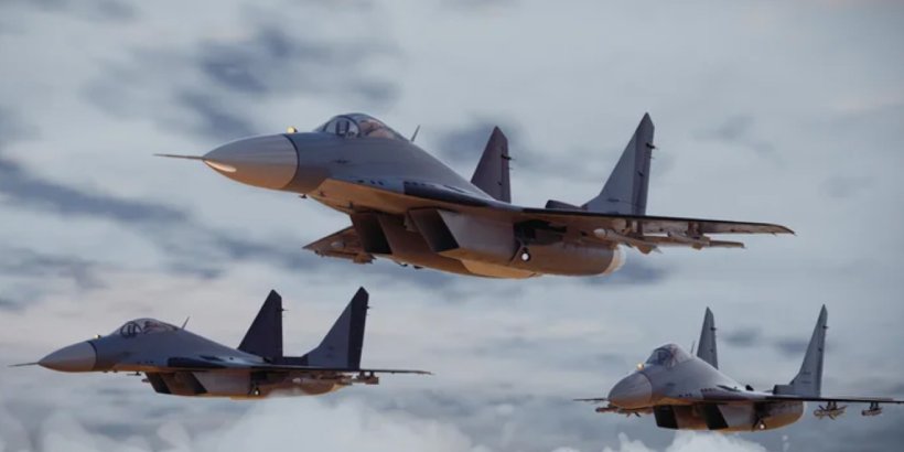 A trio of military fighter jets soar through a cloudy sky during dusk.