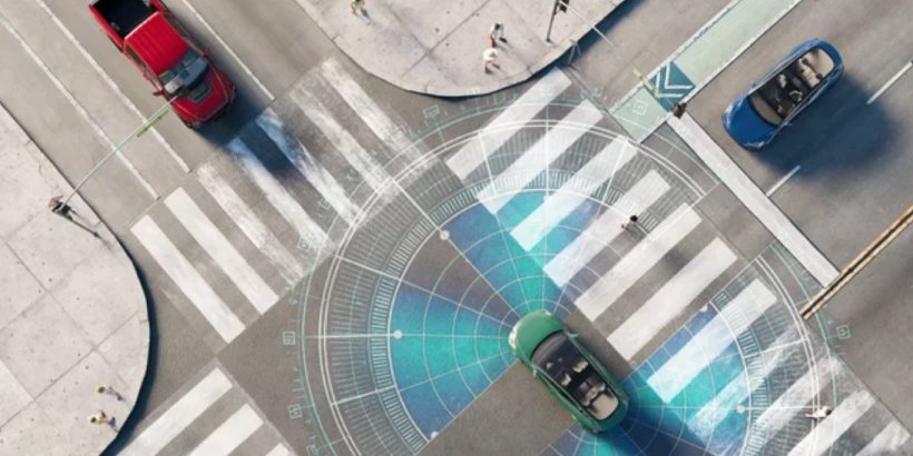 A green autonomous vehicle navigates a busy urban intersection with visible sensor overlays. 